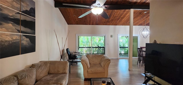 living area featuring wood ceiling, ceiling fan with notable chandelier, and wood finished floors