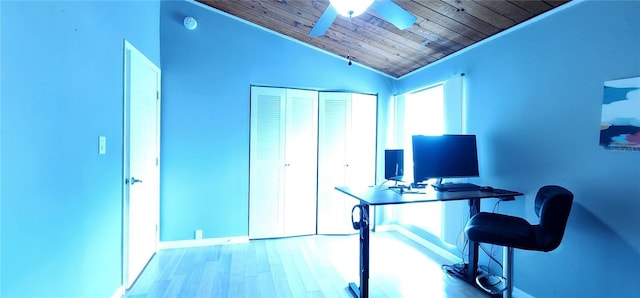 office space featuring wood finished floors, a ceiling fan, lofted ceiling, and wooden ceiling