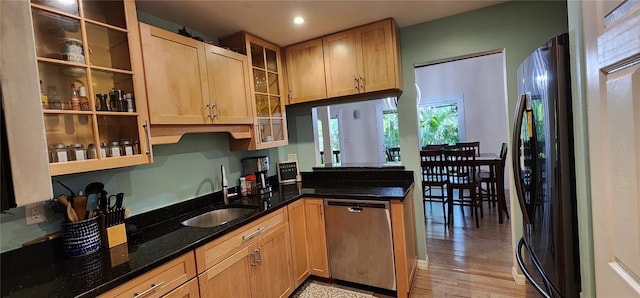 200 Maitland Ave Unit 232, Altamonte Springs, FL 32701 - kitchen with dishwasher, refrigerator, dark stone counters, light wood-type flooring, and recessed lighting