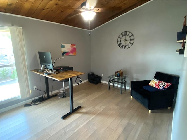 200 Maitland Ave Unit 232, Altamonte Springs, FL 32701 - office area with wooden ceiling, plenty of natural light, light wood-style flooring, ceiling fan, and crown molding