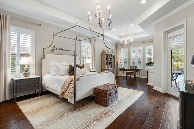 bedroom with ornamental molding, a notable chandelier, and dark wood-style floors