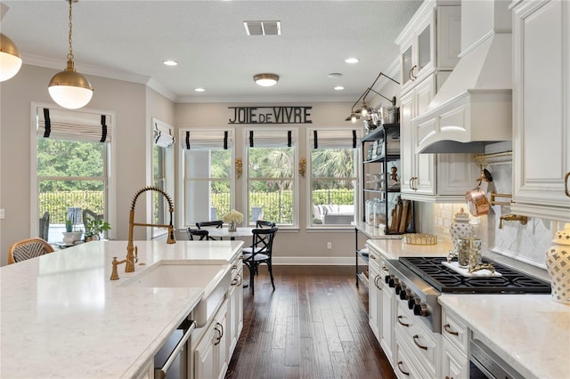 kitchen featuring a sink, custom exhaust hood, stainless steel gas stovetop, and plenty of natural light