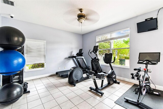 1180 S Beach Cir, Kissimmee, FL 34746 - workout room with ceiling fan, baseboards, and tile patterned floors