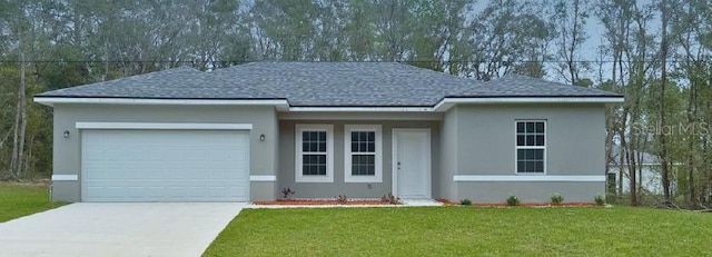 single story home featuring an attached garage, driveway, and stucco siding