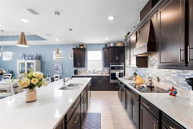 kitchen featuring visible vents, decorative backsplash, custom exhaust hood, a sink, and appliances with stainless steel finishes