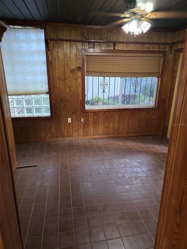 spare room featuring a ceiling fan, wooden walls, and a wealth of natural light