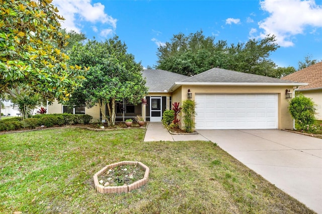 26807 Bull Run, Leesburg, FL 34748 - view of front facade with a garage, driveway, a front yard, stucco siding, and a shingled roof