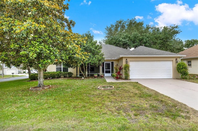 26807 Bull Run, Leesburg, FL 34748 - view of property hidden behind natural elements featuring an attached garage, a front yard, stucco siding, driveway, and roof with shingles