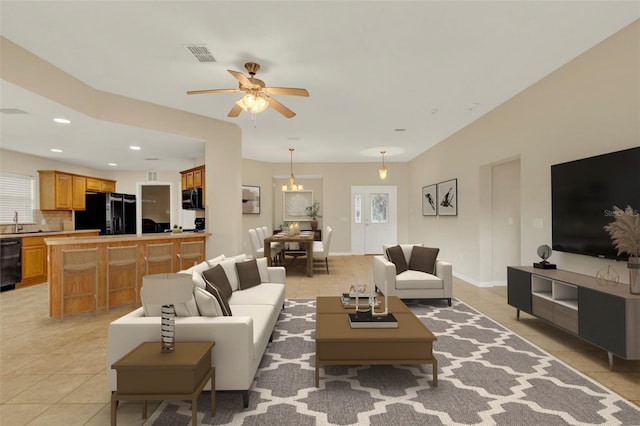 26807 Bull Run, Leesburg, FL 34748 - living area with light tile patterned flooring, a ceiling fan, recessed lighting, and baseboards