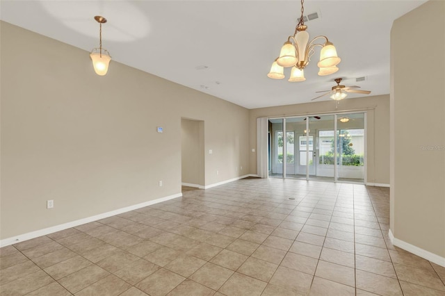 26807 Bull Run, Leesburg, FL 34748 - spare room featuring a chandelier, a ceiling fan, baseboards, and light tile patterned floors