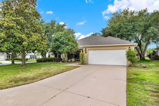 26807 Bull Run, Leesburg, FL 34748 - obstructed view of property featuring a garage, a front lawn, stucco siding, and concrete driveway