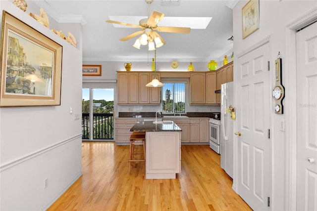 kitchen with plenty of natural light, ornamental molding, a kitchen island with sink, and ceiling fan