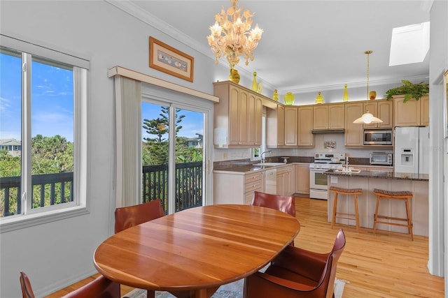 dining room featuring ornamental molding, light wood-style flooring, and a healthy amount of sunlight