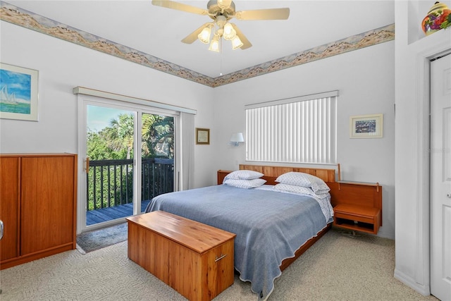bedroom with light colored carpet, ceiling fan, and access to exterior