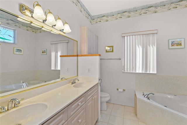 full bathroom with tile patterned flooring, a sink, double vanity, and toilet