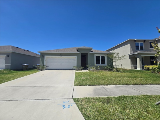 view of front of home featuring a garage, driveway, a front yard, and stucco siding