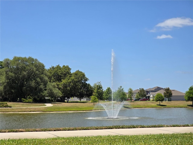 view of community featuring a lawn and a water view