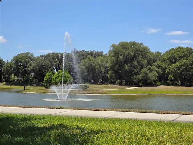 view of community featuring a water view and a yard