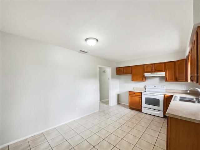 1543 Sarah St, Lake Wales, FL 33898 - kitchen featuring brown cabinetry, a sink, light countertops, electric stove, and under cabinet range hood