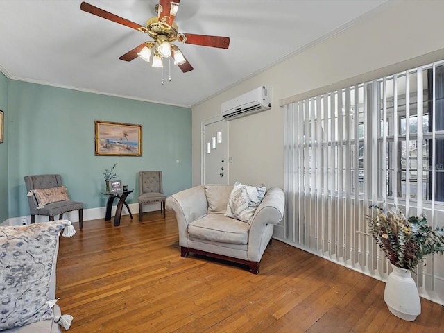 16 E Orange St, Davenport, FL 33837 - living room featuring ornamental molding, ceiling fan, a wall mounted AC, and wood-type flooring