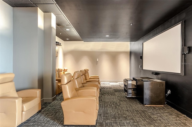home theater room featuring recessed lighting, baseboards, and dark carpet