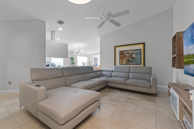 11908 Delfina Ln, Orlando, FL 32827 - living area featuring recessed lighting, baseboards, visible vents, ceiling fan with notable chandelier, and vaulted ceiling