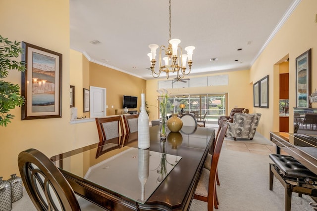 8202 Shadow Pine Way, Sarasota, FL 34238 - carpeted dining room featuring crown molding, a chandelier, and tile patterned floors