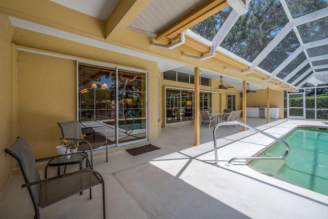 8202 Shadow Pine Way, Sarasota, FL 34238 - swimming pool featuring a patio area, a ceiling fan, and a lanai