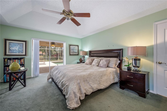 8202 Shadow Pine Way, Sarasota, FL 34238 - carpeted bedroom featuring access to outside, baseboards, a ceiling fan, a textured ceiling, and a raised ceiling