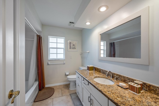8202 Shadow Pine Way, Sarasota, FL 34238 - bathroom with vanity, toilet, baseboards, tile patterned flooring, and shower / bathtub combination with curtain