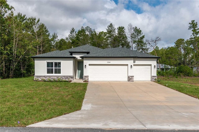view of front of house featuring stucco siding, an attached garage, driveway, and stone siding