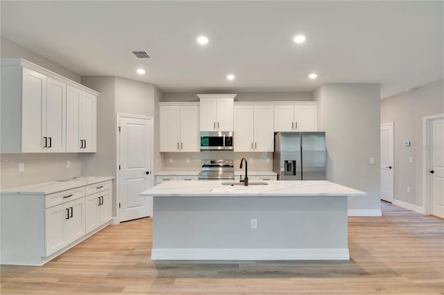 kitchen with a sink, white cabinetry, appliances with stainless steel finishes, and backsplash