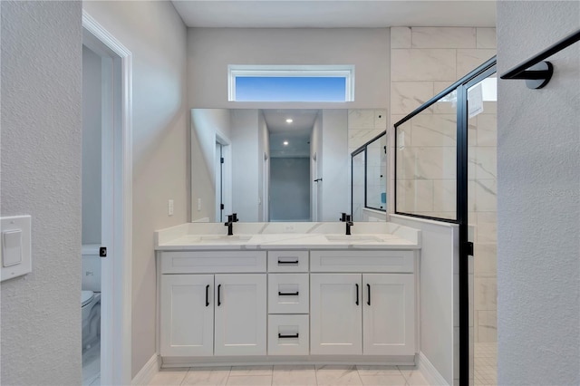 full bath featuring a sink, a shower stall, toilet, and double vanity
