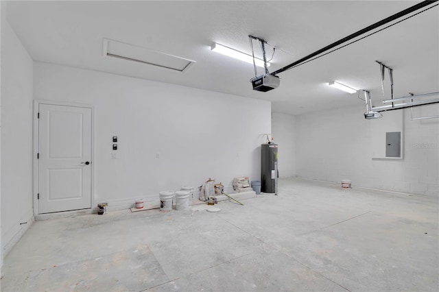 garage with a garage door opener, water heater, and electric panel