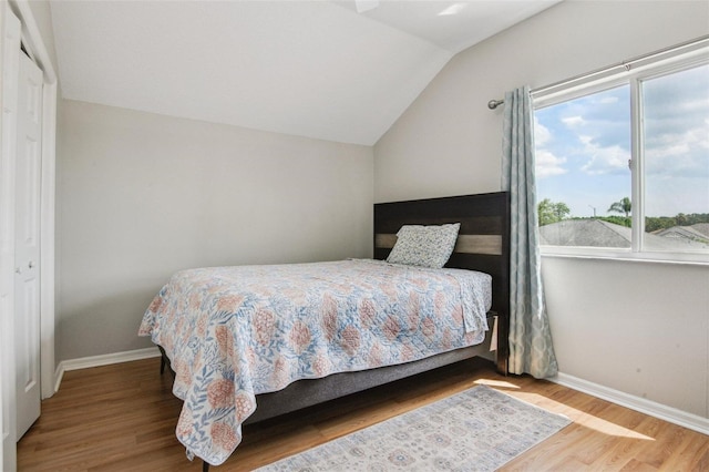 29704 Eagle Station Dr, Wesley Chapel, FL 33543 - bedroom with baseboards, wood finished floors, and vaulted ceiling