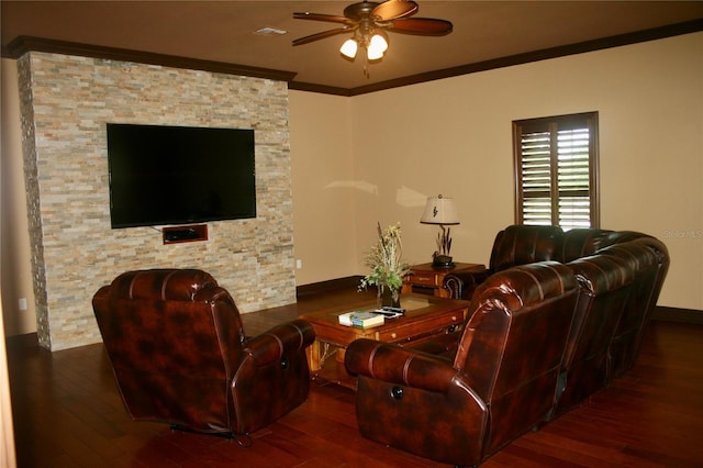 living area featuring wood-type flooring, ceiling fan, and baseboards