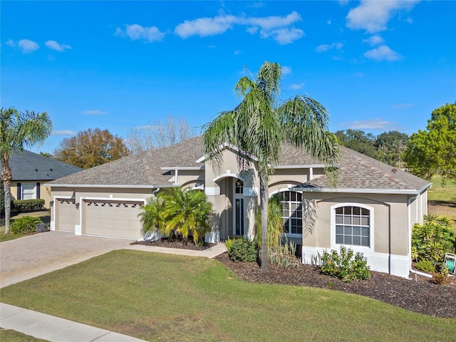 23533 Valderama Ln, Sorrento, FL 32776 - ranch-style home with a front yard, stucco siding, a shingled roof, an attached garage, and driveway