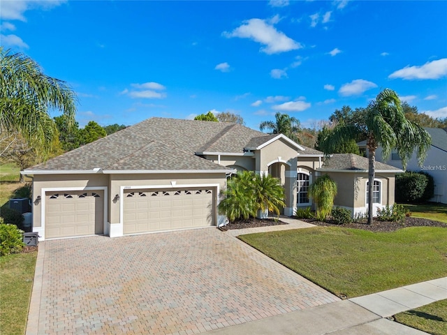 23533 Valderama Ln, Sorrento, FL 32776 - ranch-style house with decorative driveway, a garage, a front lawn, and stucco siding