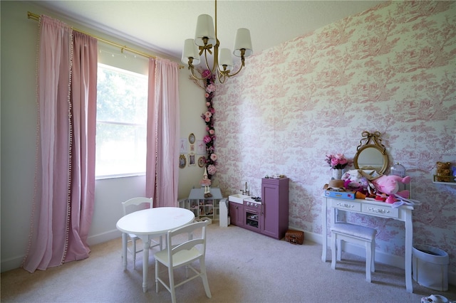 23533 Valderama Ln, Sorrento, FL 32776 - rec room with light colored carpet, a notable chandelier, and wallpapered walls