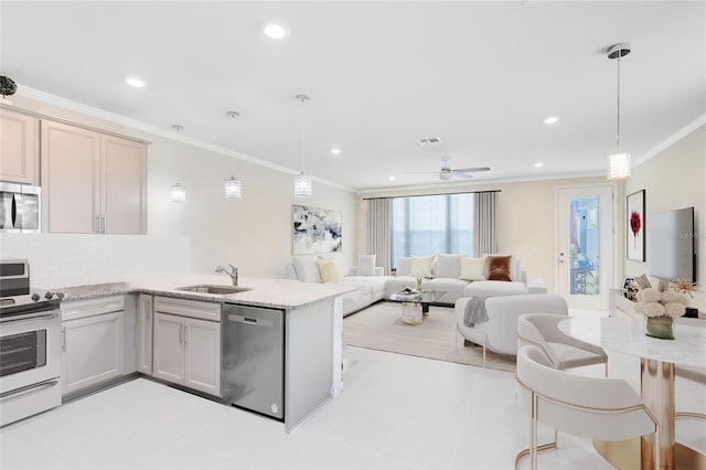 kitchen featuring crown molding, a peninsula, tasteful backsplash, a sink, and stainless steel appliances