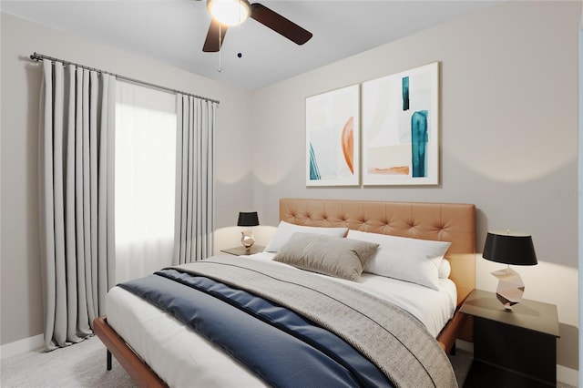 bedroom featuring baseboards, ceiling fan, and carpet