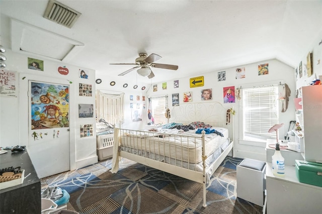 419 Palm Ave, Eustis, FL 32726 - bedroom with a ceiling fan, vaulted ceiling, visible vents, and attic access
