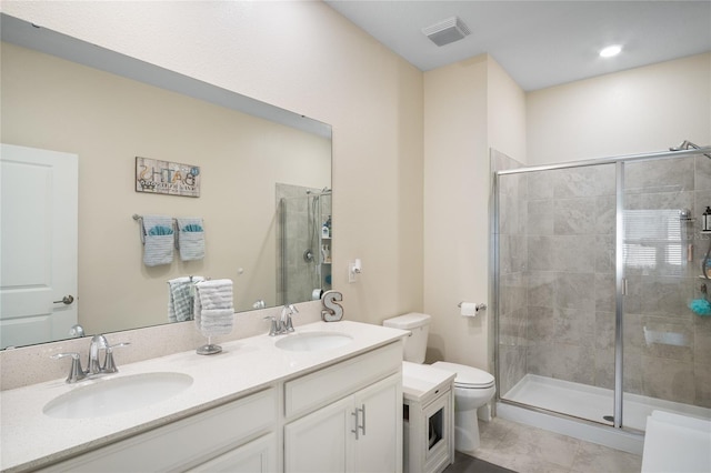 full bath with visible vents, a sink, a stall shower, and toilet