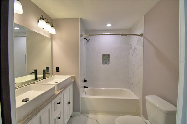 bathroom with toilet, marble look tile flooring, shower / bathtub combination, recessed lighting, and double vanity