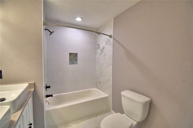 bathroom with toilet, shower / bath combination, vanity, marble finish floors, and recessed lighting