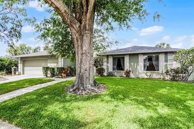 ranch-style house with an attached garage, driveway, and a front lawn