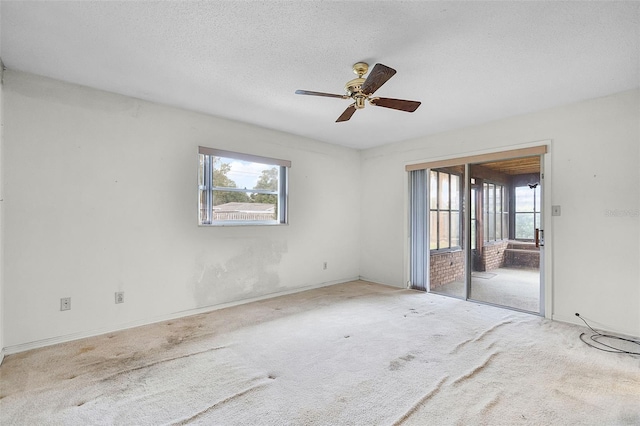carpeted spare room featuring ceiling fan and a textured ceiling