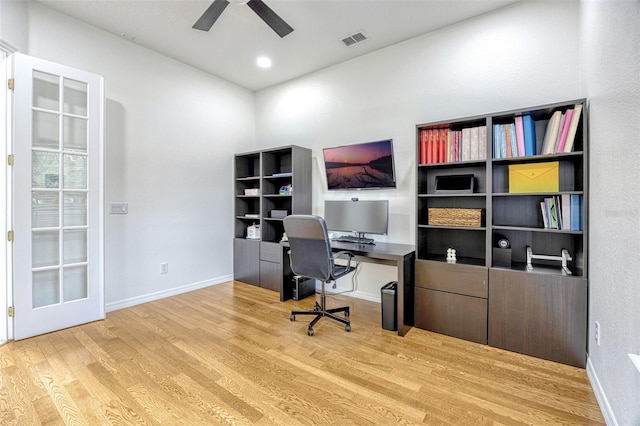 14003 Hampshire Bay Cir, Winter Garden, FL 34787 - office with baseboards, ceiling fan, light wood-type flooring, and visible vents