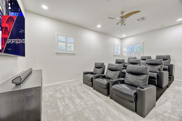 14003 Hampshire Bay Cir, Winter Garden, FL 34787 - carpeted cinema room with ceiling fan, visible vents, plenty of natural light, and baseboards