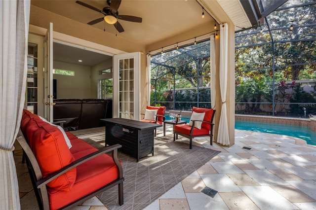 14003 Hampshire Bay Cir, Winter Garden, FL 34787 - view of patio featuring a ceiling fan, glass enclosure, an outdoor pool, and an outdoor hangout area